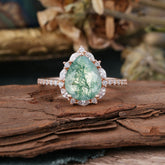 3 Carat Pear Cut Vintage Moss Agate Ring Pave Engagement Ring